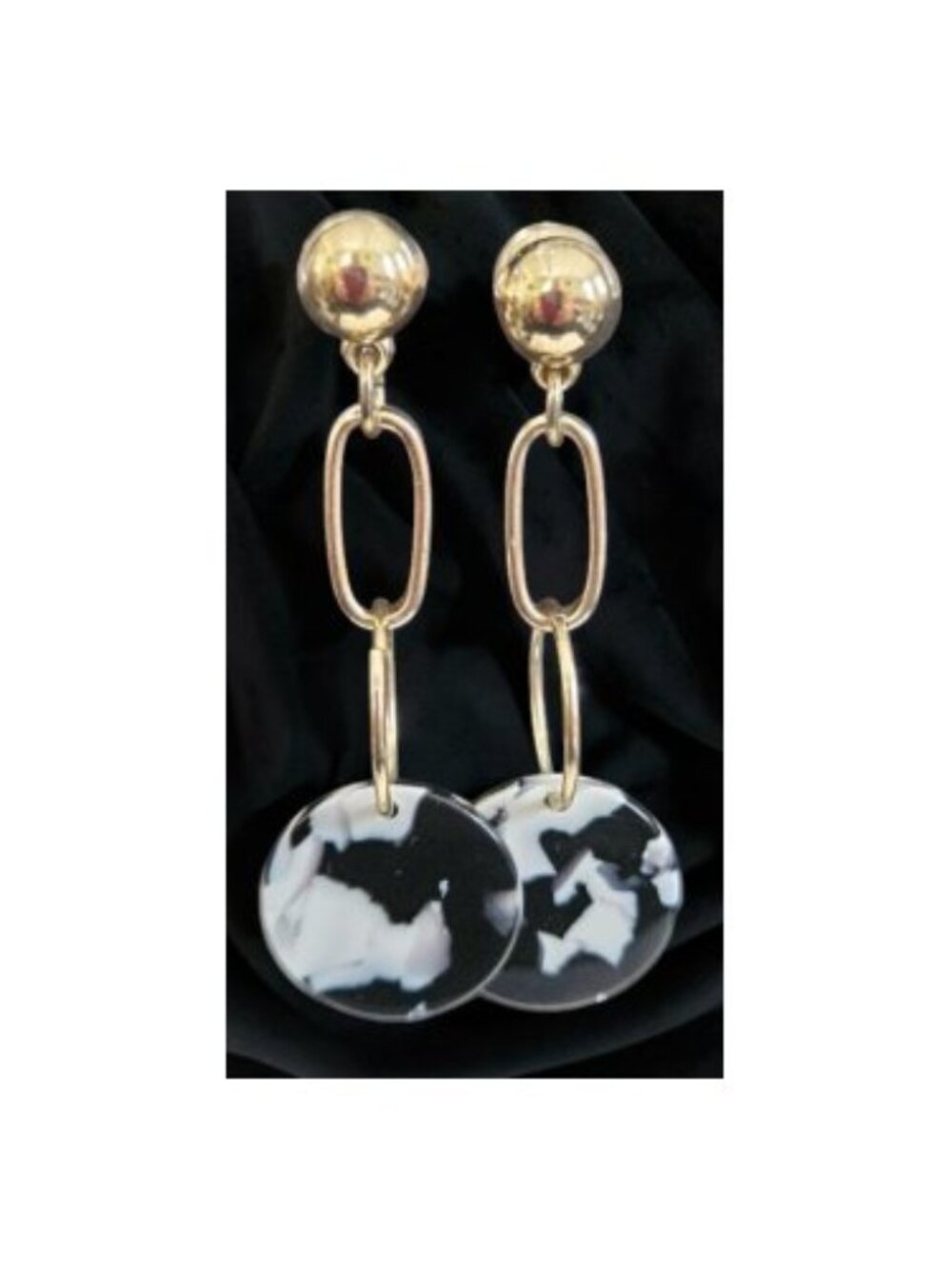 Goldtone and Black Marble Look Dangle Stud Earrings